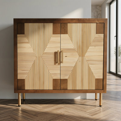 Modern Two-toned Fluted Parquet Design Storage Caninet, Antique Walnut And Natural Finish
