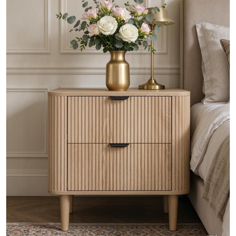 57cm Wide Bedside Table Wood Nightstand 2-drawers, Oak