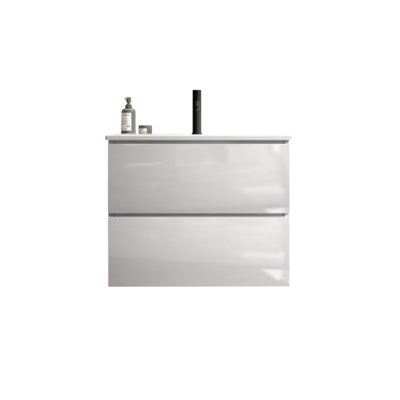 Meuble-lavabo mural moderne blanc brillant de 24 po avec lavabo en céramique et grand rangement, parfait pour les salles de bain contemporaines
