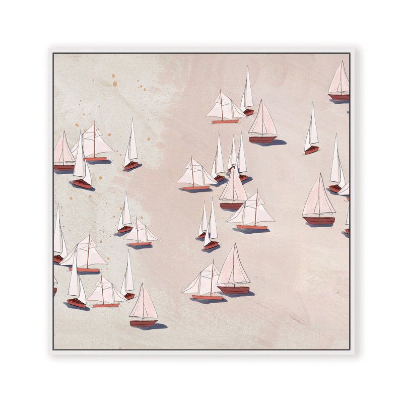 Coastal Retreat Modern Ensemble: Sailboat Odyssey, Beige, Framed Matted Print, 16" H x 16" W