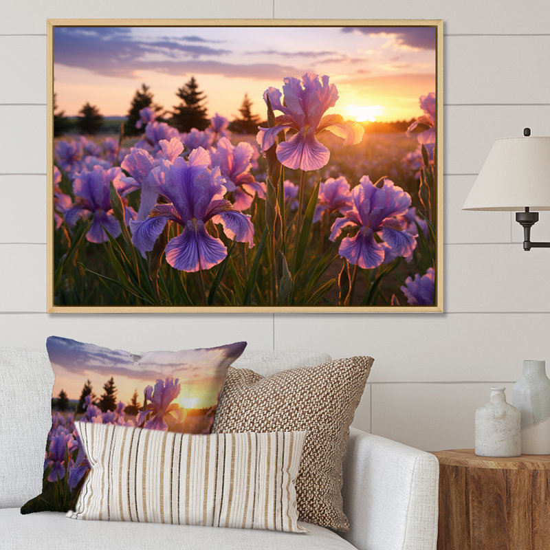 Champ d'iris mauve avec coucher de soleil II, H 12 po x l 20 po x P 1 po, Cadre naturel flottant