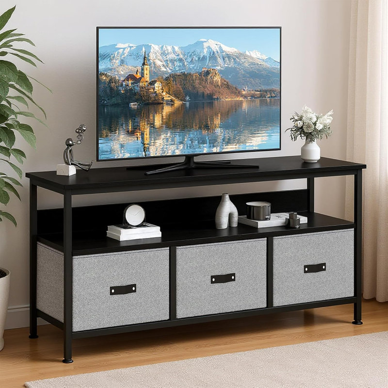 Black & Gray 55" TV Stand with 3 Drawers, Storage Entertainment Center for Living Room Bedroom, Black