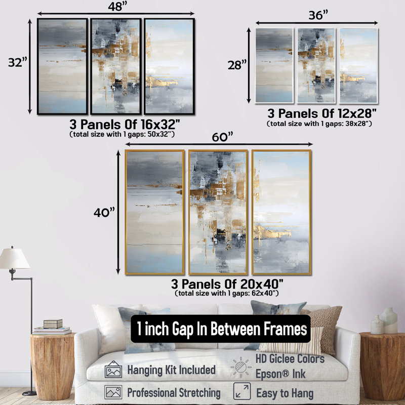 «Gold Memories On Faded Blue», ensemble de décorations murales abstraites, H 28 po x l 36 po x P 1 po, Cadre flottant noir