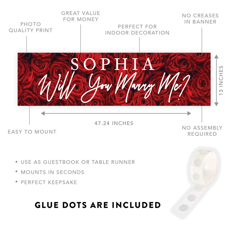 Bannière personnalisée «Will Will Marry Me», roses rouges romantiques | Propositions et idées de décoration pour la Saint-Valentin, paquet de 1
