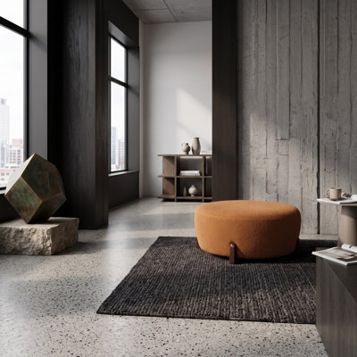 Naya Modern Boucle Upholstered Round Ottoman With Solid Rubberwood Legs