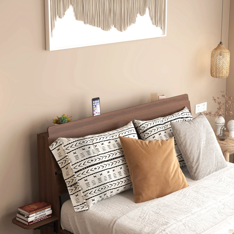 Cadre de lit flottant grand avec lumières DEL et station de charge, cadre de lit grand en bois avec tête de lit