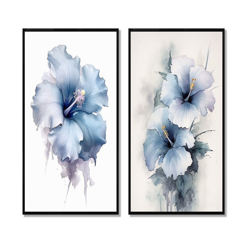 Bleu Hibiscus Harmony - Hibiscus Wall Art, ensemble de salon de 2, H 32 po x l 33 po, Cadre noir