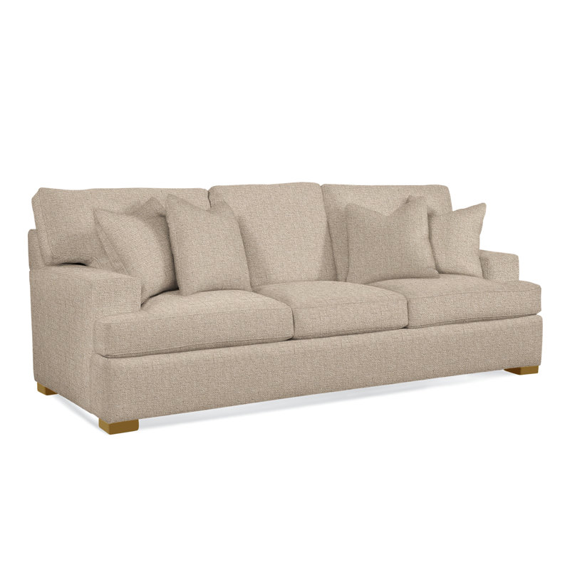 Cambria Upholstered 97'' Sofa, Honey Finish, Blue Geometric