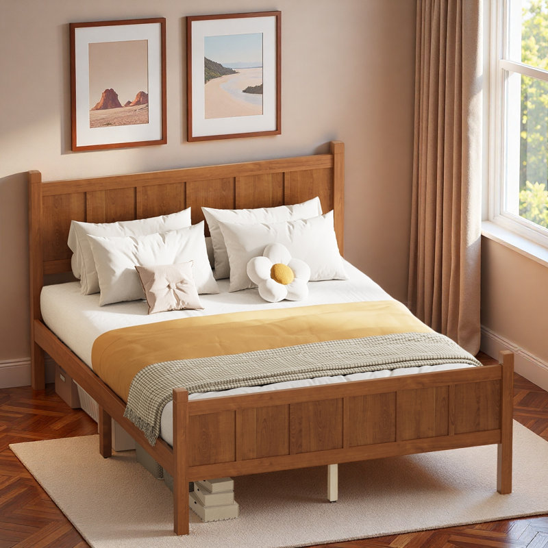Lit plateforme moderne avec tête de lit et pieds robustes, Noyer clair, Lit double