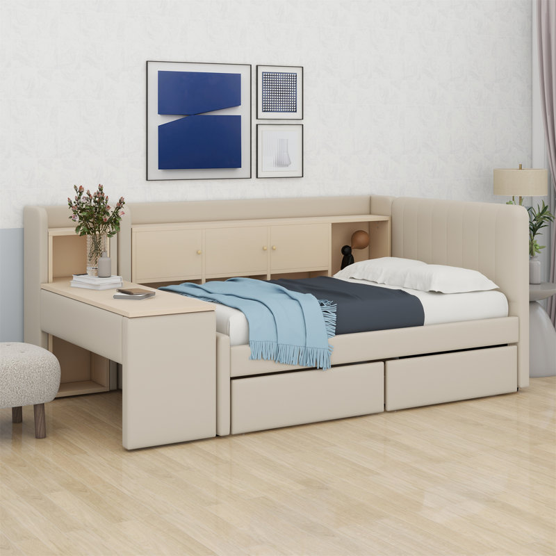 Lit de jour rembourré avec tiroirs, tablettes, armoires rabattables et table d'appoint, Beige
