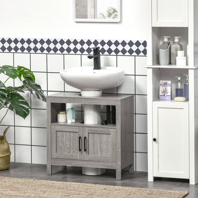 Space Saving Bathroom Cabinet With 2 Doors And Open Shelf, Gray Under Sink Storage