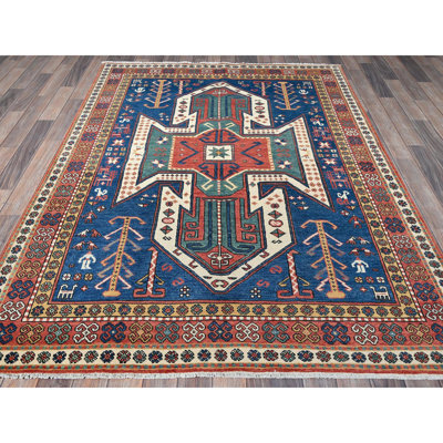 Bleu impérial 5 pi 2 po x 7 pi, cygne Kazak avec figurines de petits animaux, laine douce et veloutée nouée à la main, tissage plus dense, colorants végétaux, tapis oriental