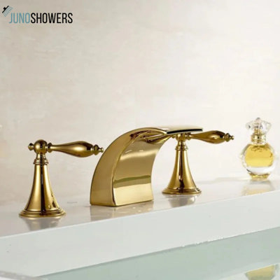 Juno Belem Gold Finish Dual Handle Widespread Waterfall Sink Faucet