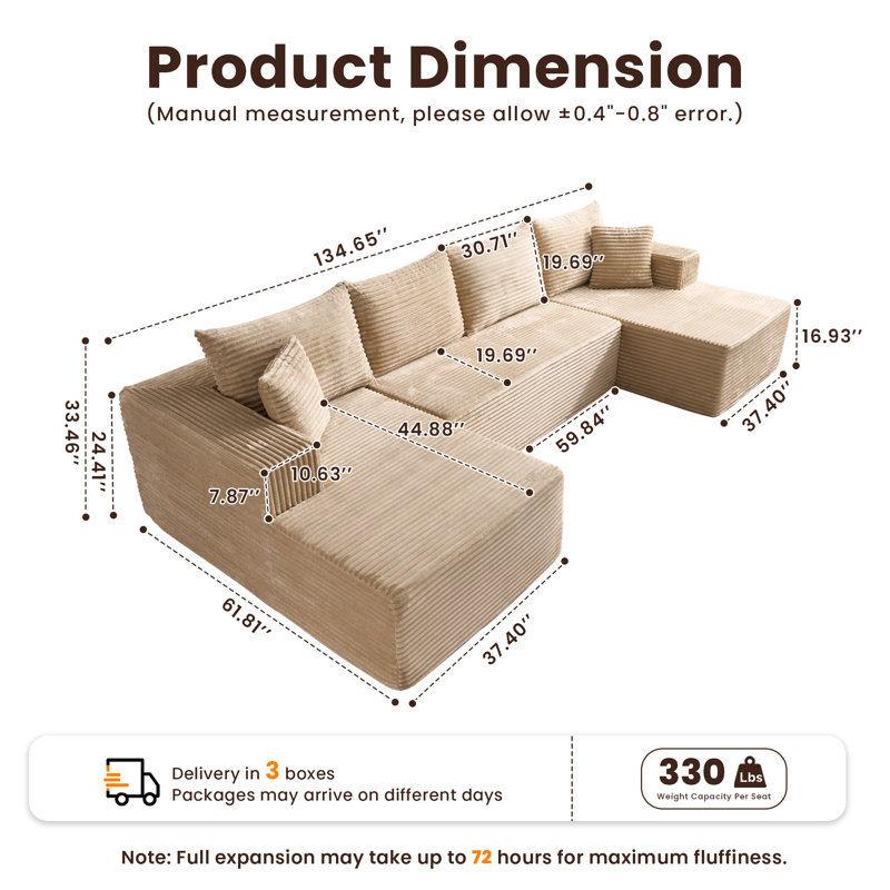 Canapé modulaire en forme de U de 134 po avec méridienne double et canapé rembourré désossé pour le salon ou la chambre à coucher