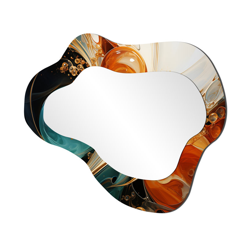 Orange et orange, planète vagues IV - peinture abstraite, formes 3D, grand miroir mural moderne irrégulier, 25 po x 28 po