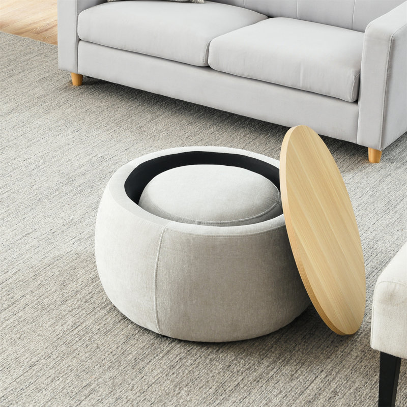 Round Storage Ottoman, 2 In 1 Function, Work As End Table And Ottoman,With Small Seat,Light Grey(25"X25"X14.7"), Light Gray