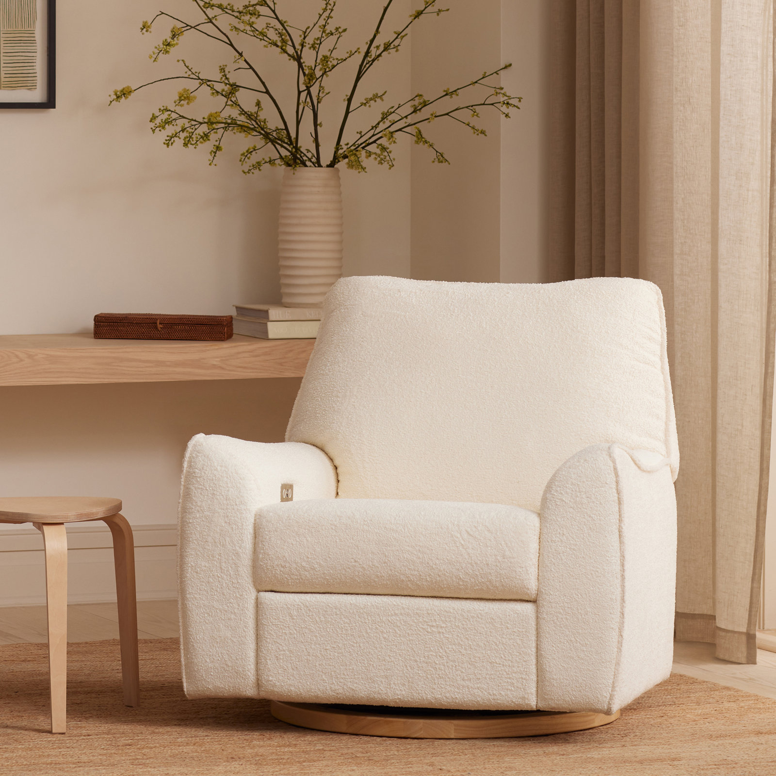 Sunday Swivel Glider, White Boucle, Natural Wood