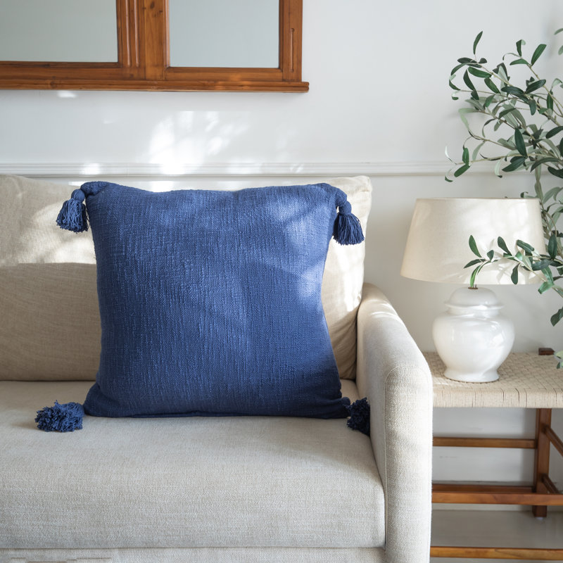Navy Blue Cotton Reversible Throw Pillow with Tassels, 20" x 20"