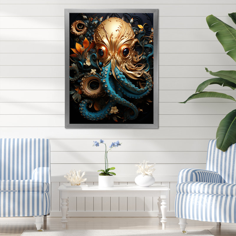Pieuvre dorée sous l'eau sur toile, Cadre simple argenté, H 32 po x l 24 po x P 1 po