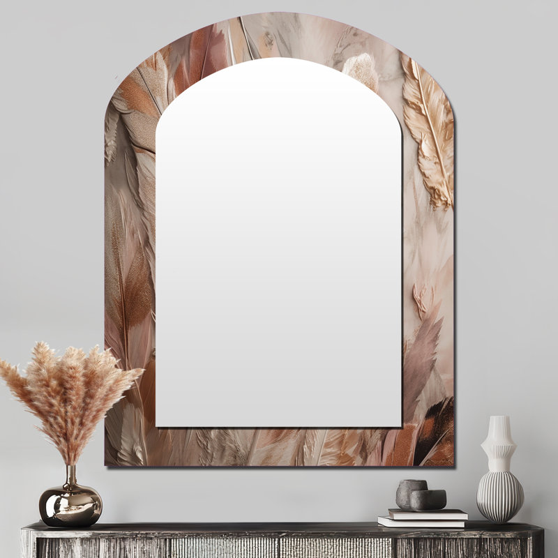 Gold Glamorous Feathers Of Boho Fantasy V - Glam Feather Asymmetrical Mirror, Gold Arch Decorative Wall Mirror, Printed Metal Art