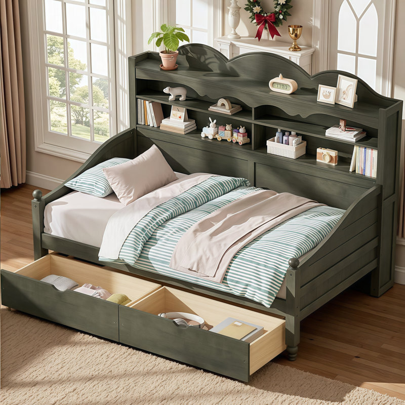 Lit de jour simple rétro avec tiroirs de rangement sous le lit et tablettes de tête de lit | Conception peu encombrante pour les espaces compacts | Aucun sommier tapissier requis | Assemblage facile