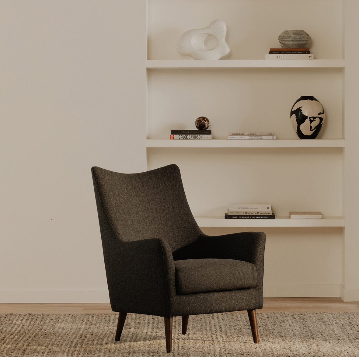 Kronos Wingback Armchair, Charcoal Chevron Wool Blend