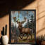 Art encadré noir Un cerf avec un petit serpent suspendu à sa tête alors qu'il marche dans la forêt, reproductions d'art encadrées-2137008837