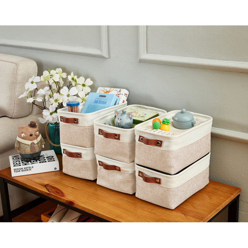 Decomomo Foldable Storage Bin | Collapsible Sturdy Cationic Fabric Storage Basket Cube W/Handles, Beige/White