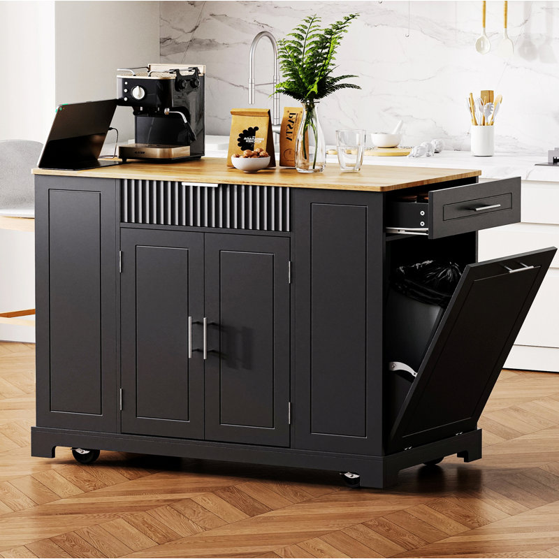 Kitchen Island With Trash Can Storage Cabinet, Rolling Kitchen Islands With Power Outlet And 3 Drawers