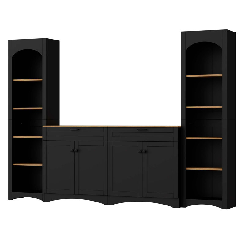 3-Piece Farmhouse Entertainment Center with Storage Cabinet for TVs Up to 70", Mid-Century TV Stand with Bookshelf, Rustic Versatile Sideboard with Adjustable Shelves