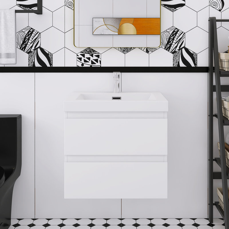 Lavabo de salle de bain mural 24 po à finition flottante noire brillante avec lavabo carré et tiroirs à fermeture en douceur