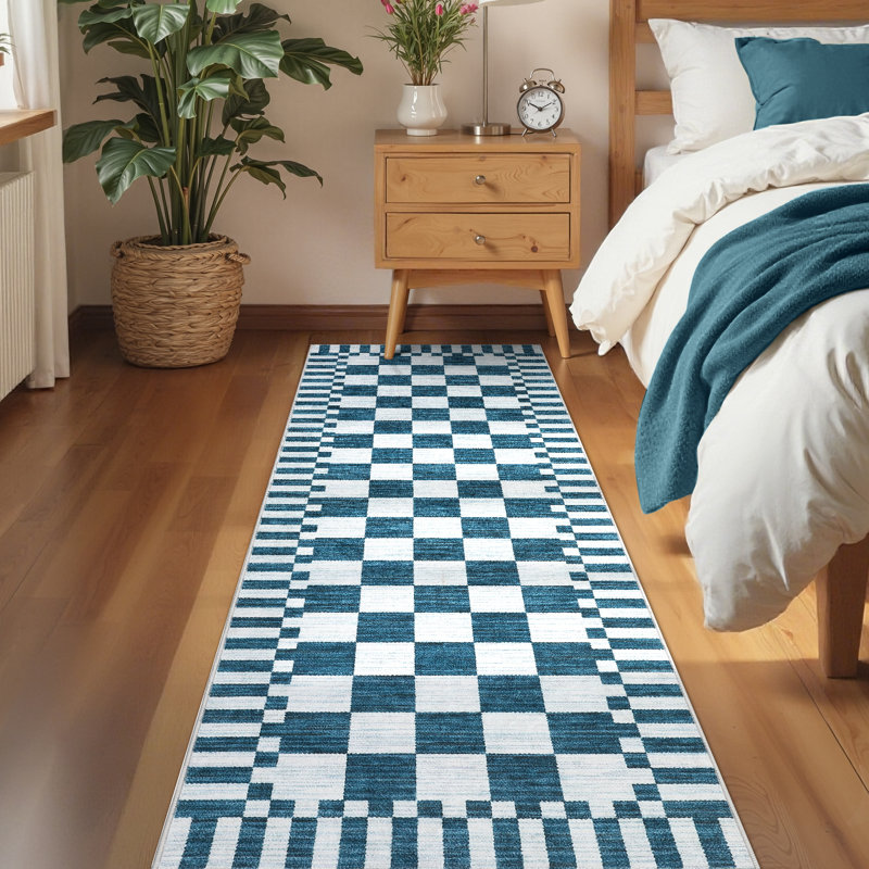 Geometric Check Machine Washable Rug with Non-Slip Backing for Living Room Easy to Clean Non-Shedding Soft Low Pile Floor Mats