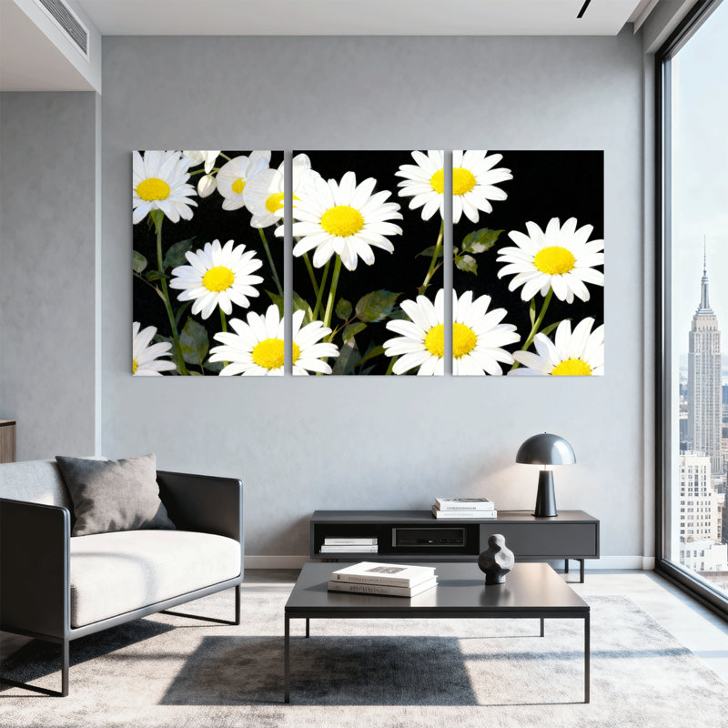 Tableau sur toile tendue avec motif de marguerites sur fond noir (paquet de 3), H 18 po x l 36 po