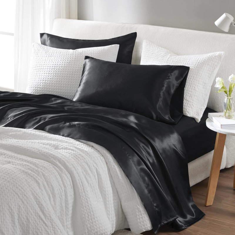Drap de luxe divisé 7 pièces en satin 100% satin noir, texture douce et lisse, 1 plat, 2 ajustés, 4 taies d'oreiller froissées, doux,