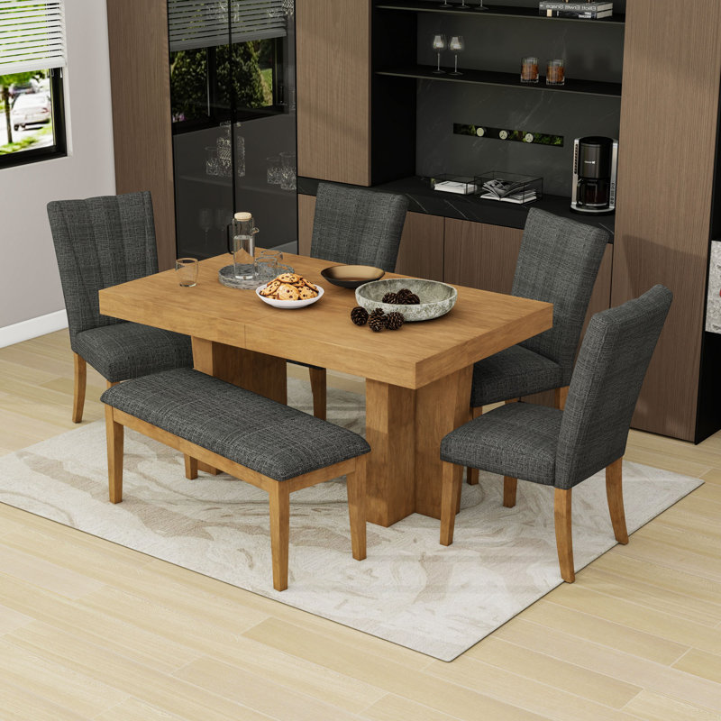 Ensemble de table de salle à manger 6 pièces avec table à tréteaux extensible, chaises rembourrées, banc et rallonge amovible