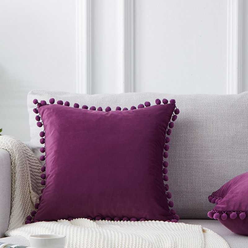 Pom Pom Velvet Tassels Pillow Cover, Purple, 20"x20"