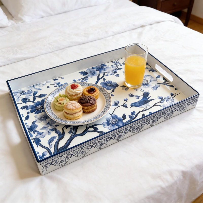 Exquisite Painted Blue Sparrow Serving Tray with Handles