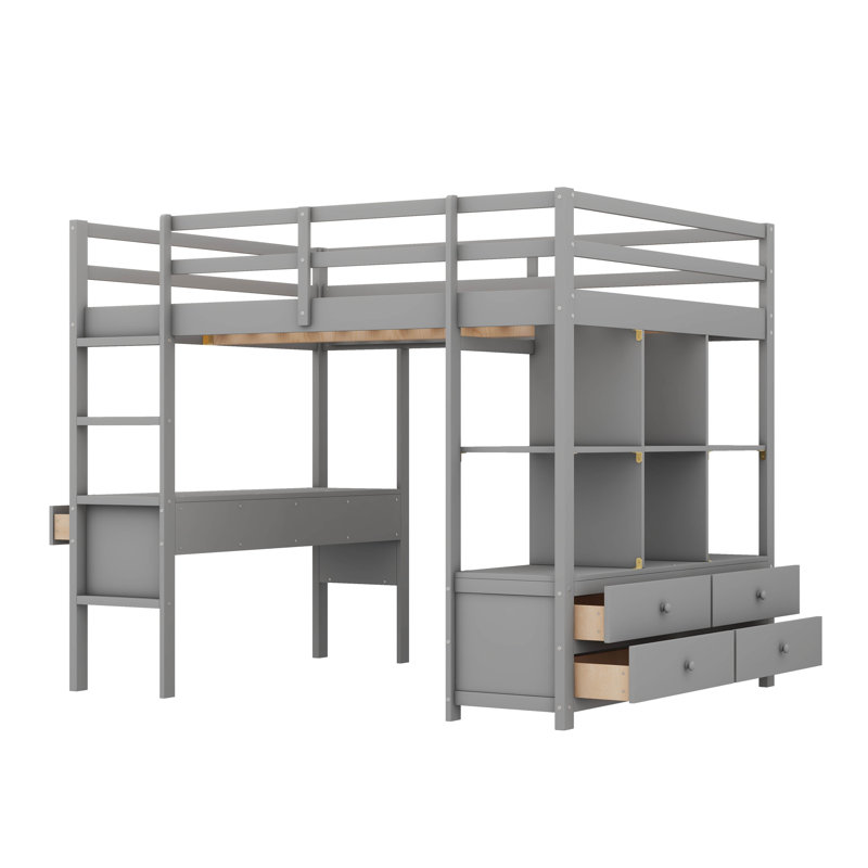 Structure de lit mezzanine en bois massif avec tiroirs de rangement de bureau et bibliothèque
