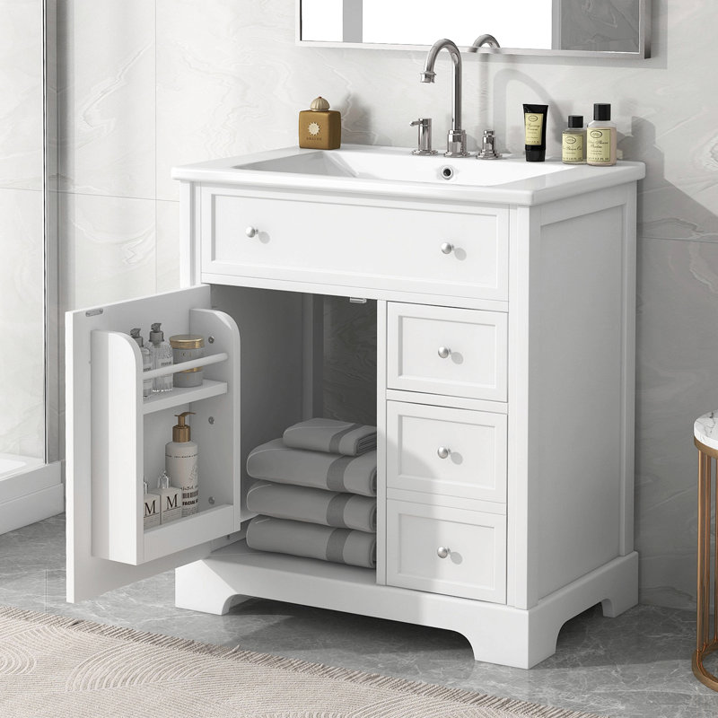 Meuble-lavabo de 30 po avec comptoir d'évier, meuble-lavabo avec porte et deux tiroirs, planches en MDF, bois massif, un paquet