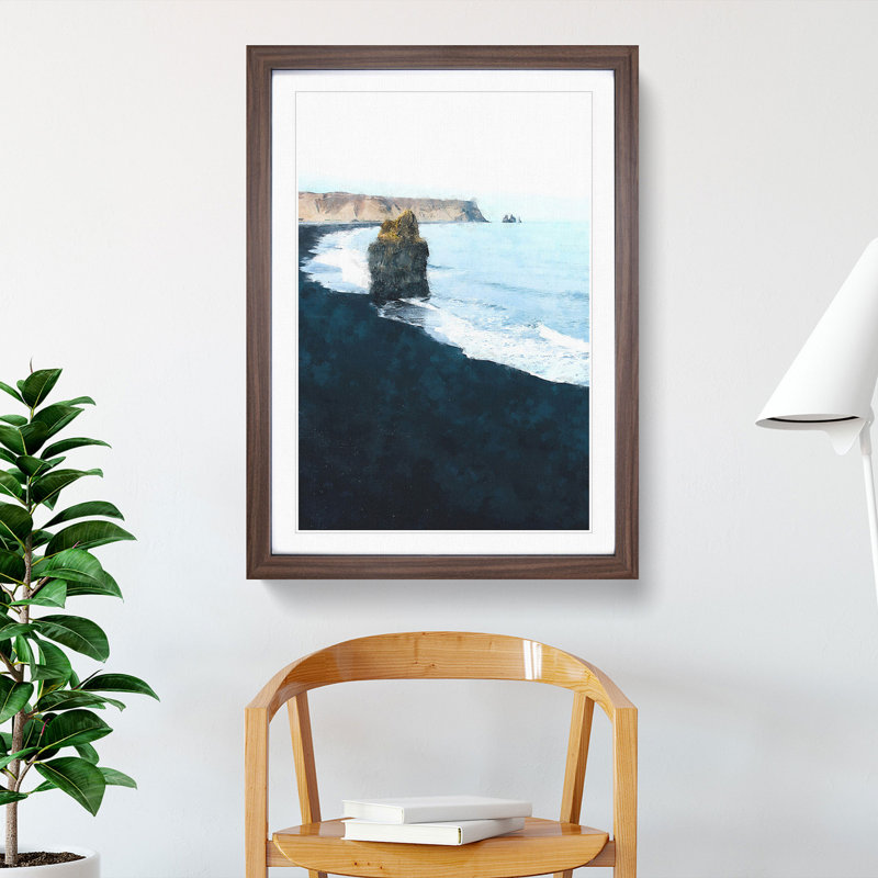 Black Sand Beach in Vik Iceland - Picture Frame Painting, 65cm H x 48cm W x 2cm D, Walnut Framed