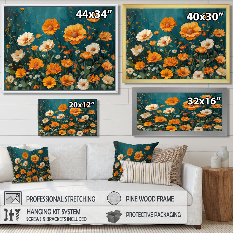 «Yellow Yellow Summer Meadow Marigolds I», reproduction d'art murale souci, Cadre flottant brun, bois massif