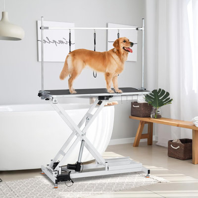 Table de toilettage électrique pour chien de 48 po, table de toilettage hydraulique à hauteur réglable (9,4 po à 39,4 po) avec contrôle au pied, X-Lift, plateau de table antidérapant