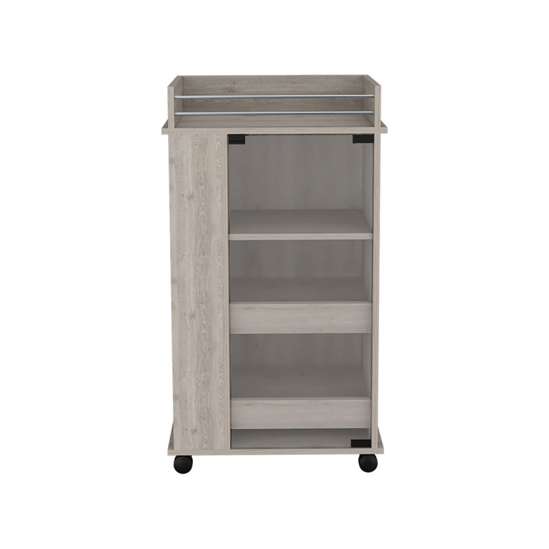 Bar Cart with Two-Side Shelves, Glass Door and Upper Surface, Light Gray Finish, Light Gray