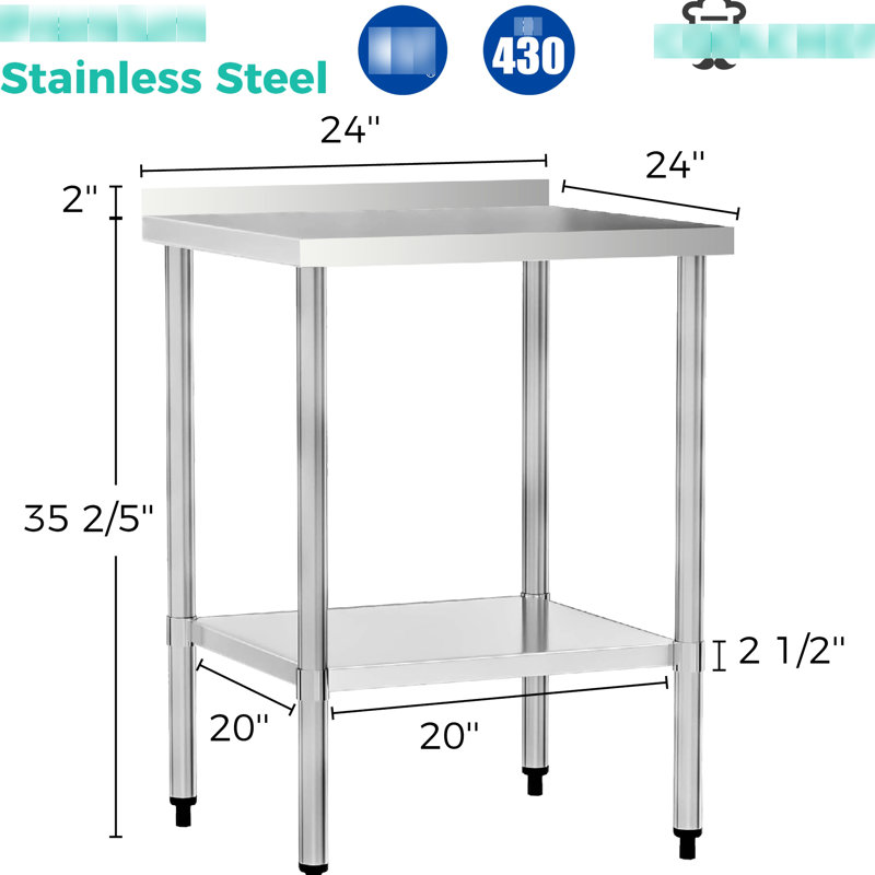 Table de travail 24 po X en acier inoxydable de calibre 18 avec dosseret de 4 po et tablette inférieure. Pour la rouille, les taches, la corrosion, pour la production alimentaire commerciale, la corrosion, facile à nettoyer, les ustensiles de cuisine de rangement supplémentaires