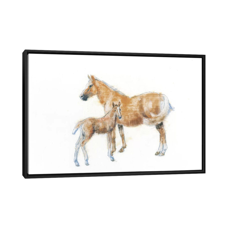 Cheval et poulain, impression sur toile tendue, H 18 po x l 26 po x P 1,5 po, Toile avec cadre noir, Pas de tapis