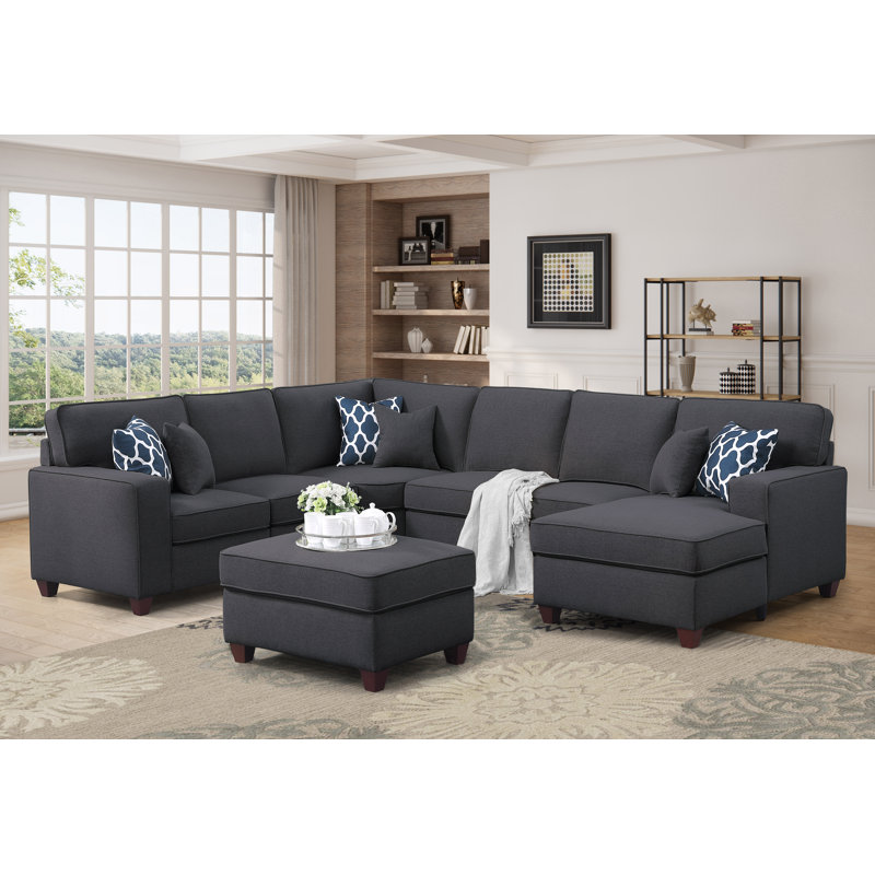Samonie Upholstered U-Shaped Sectional, Dark Gray Linen