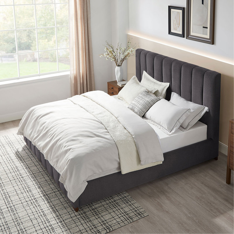 Stylish And Comfortable Upholstered Bed Frame With Headboard And Wooden Slats Support