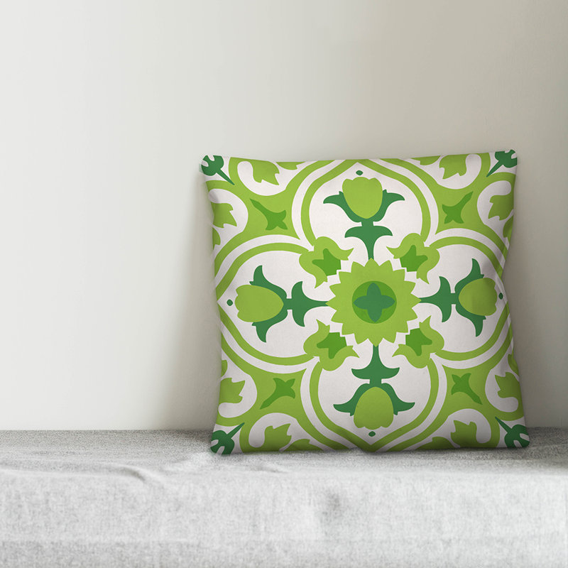  Coussin d'extérieur carré espagnol, Polyester / Bourre en polyester, 18 po x 18 po, Vert foncé / vert clair / blanc cassé