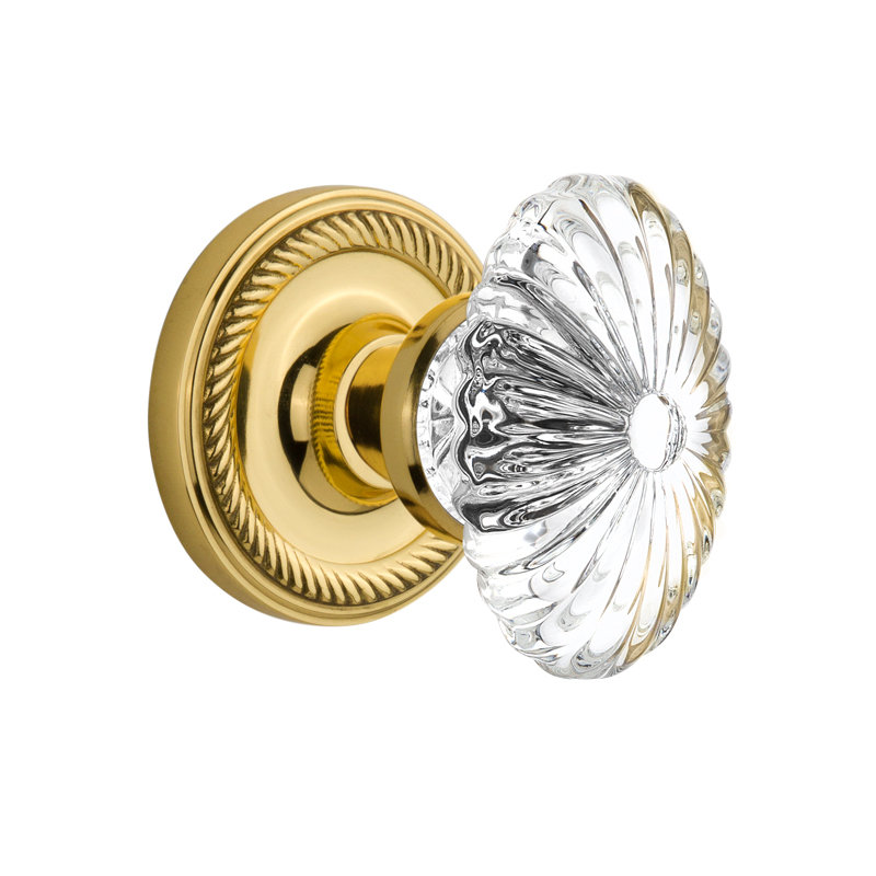 Bouton de porte mortaise intérieur ovale cannelé en cristal avec rosette Rope, Laiton poli