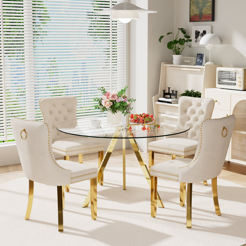 5-Piece Pedestal Gold Dining Set, Beige, 30" H x 47" W x 47" D
